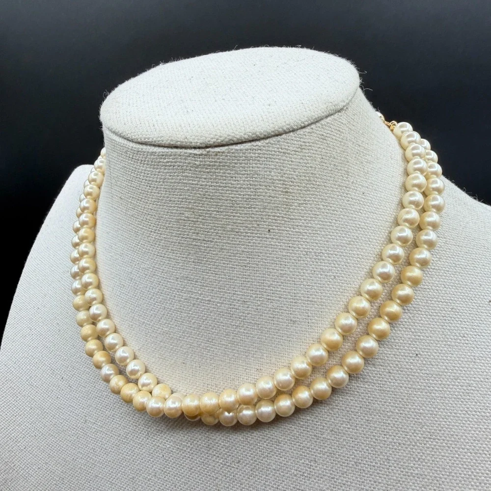 Double Strand Faux Pearl Necklace Cream Gold Tone Hook Clasp Romantic Elegant